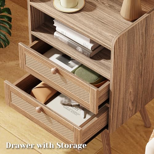 SUPERJARE 2 Drawer Night Stand with Charger Station, Boho Rattan Nightstand Set of 2, 25.2 Inch Tall Bed Side Table with Solid Wood Feet, End Table, Open Storage, Synthetic Rattan, Walnut