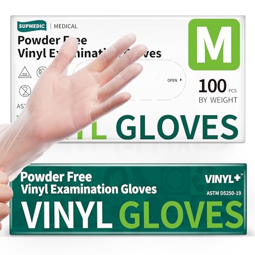 Supmedic Vinyl Disposable Exam Gloves Clear 4 Mil Powder-Free Latex-Free Medical Food-Safe Cooking Cleaning Glove 100 Pcs (Medium)