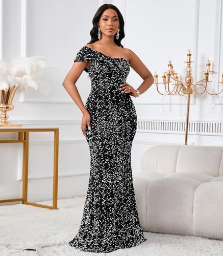 Image of Cololura Women Sexy Sequin One Shoulder Mermaid Formal Party Cocktail Gowns Bodycon Evening Maxi Dress