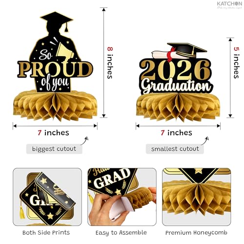 Image of Graduation Decorations 2026 | Black and Gold Graduation Centerpieces For Tables 2026 - Pack of 12 | Congrats Grad Honeycomb Centerpieces | Graduation Centerpieces 2026 | KatchOn