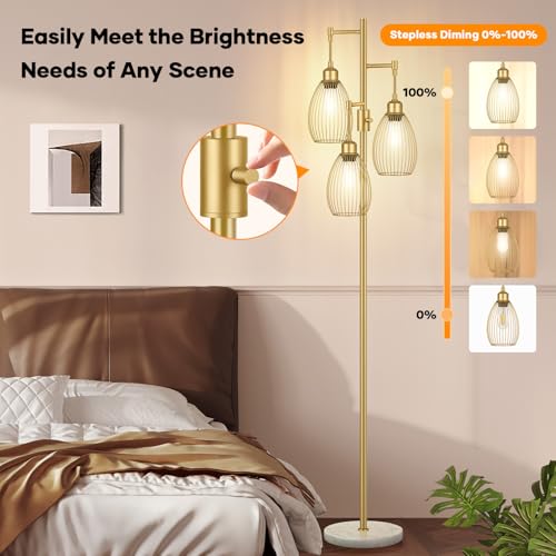 Image of Dimmable Floor Lamp,3x800LM LED Bulbs Included, Farmhouse Industrial Floor Lamp Standing Tree Lamp with Teardrop Cage Head Tall Lamp for Living Room Bedroom Office Dining Room - Gold & Marble Base