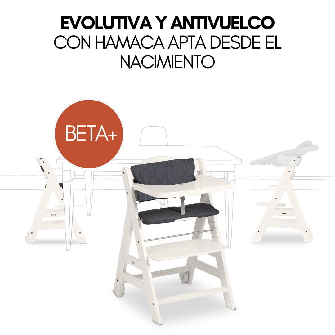 hauck Beta Plus Newborn Set - Trona Evolutiva Madera con Hamaca Bebé Recien Nacido Cojín y Bandeja - Trona Evolutiva Bebe con Ruedas - Silla Evolutiva - Blanco