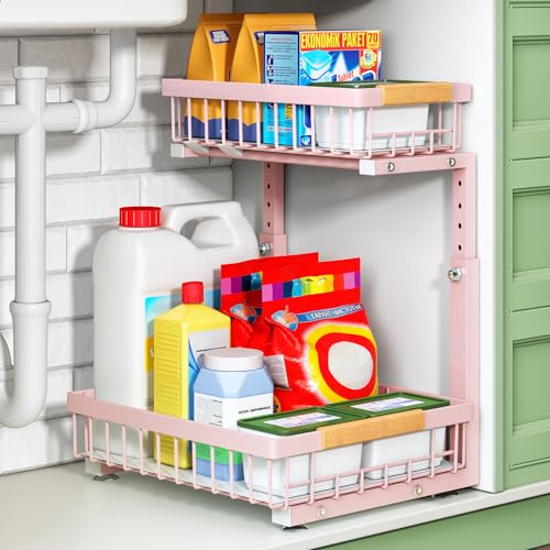 Image of Kitstorack Under Sink Organizer, 2 Tier Under the Sink Storage, Slide out Pull out Cabinet Organizer Shelf, Metal Sliding Drawer for Kitchen Bathroom Pantry Closet Organization Rack, Pink, 1 Pack