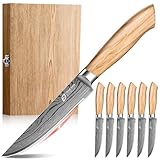 Emojoy Steak Knives Set of 6, 4.5 Inches Serrated Steak Knife Set, German Stainless Steel Kitchen Steak Knives with Original Olive Wood Handle and Wooden Gift Box