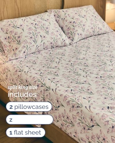 Image of Split King 5 Piece Floral Sheet Set - Soft, Breathable & Cooling - Iris | 1 Flat, 2 Fitted & 2 Pillowcases w / Deep Pockets, Boho Botanical Floral Bedding, Breathable & Cooling, Wrinkle & Fade Free