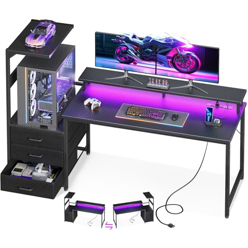 Image of AODK 63 inch Gaming Desk with PC Display Stand, Reversible Steel Wood Computer Desk for Gaming Setup, Tiered Design to Show Off Your PC Tower & Accessories, Black