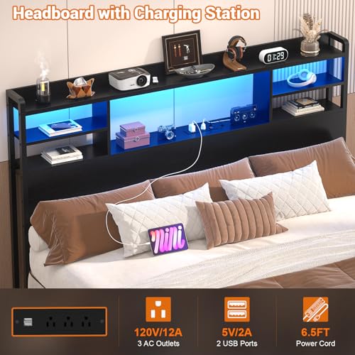Image of Aheaplus Headboard for Queen Size Bed with Storage, Black | Headboards with LED Light, Power Outlets, USB Ports Queen Size Head Board, Wood headboard Only Sturdy and Stable Headboards