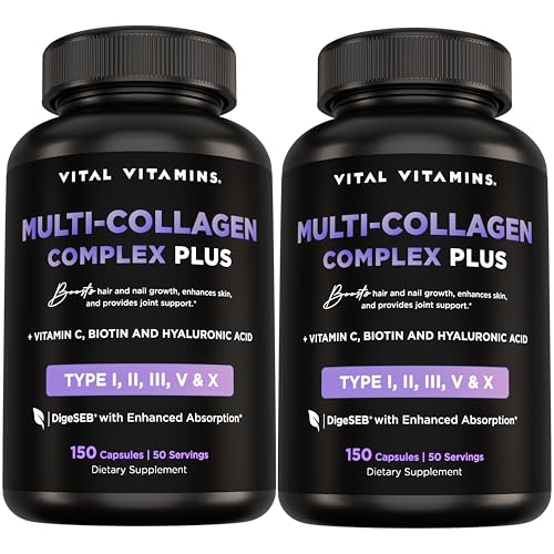 Vital Vitamins Multi Collagen Plus (2-Pack) - with Biotin, Hyaluronic Acid, Vitamin C - Type I, II, III, V, X - for Women & Men - Hair, Skin, Nails Beauty Complex