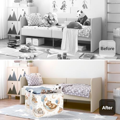 Image of Sleeping Animals Baby Laundry Hamper Collapsible Clothes Kids Storage Basket Large Boys Girls Gift Toy Box Bin for Nursery, Bear, 36L