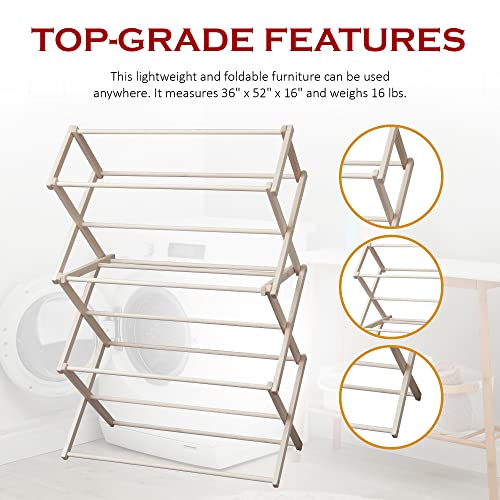 Peaceful Classics Wooden Laundry Rack - Amish Handmade Wooden Clothes Drying Rack - Foldable Drying Rack For Towel, Blanket, Linen Household Essentials - For Indoor Or Outdoor Use (52" X 36" X 16") #TOP3