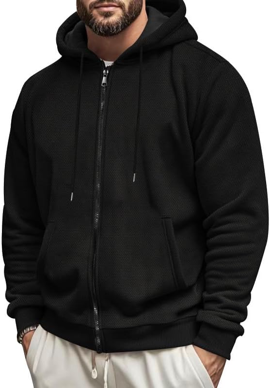 Men's Full-Zip Hoodie - Knit Adjustable Hood Jacket with Pockets Warm Fall Winter Pullover for Daily Wear - Image 2