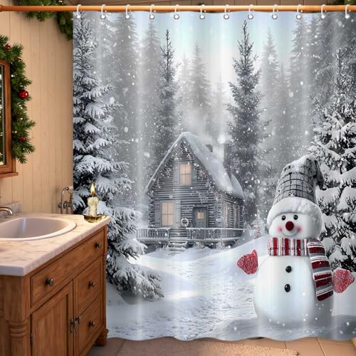 MDDGKH Christmas Shower Curtain, Cute Snowman Snowflake Snow Forest Bathroom Curtains, Rustic Farmhouse Waterproof Polyester Fabric Bath Home Decor Set with Hooks, 71x71 Inch