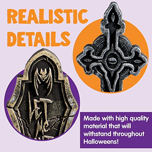 Image of JOYIN 17 inch Halloween Decorations Outdoor Tombstones, 5 Pack Halloween Foam Graveyard Headstone Decorations with 12 Bonus Metal Stakes for Yard Lawn Outside Decor