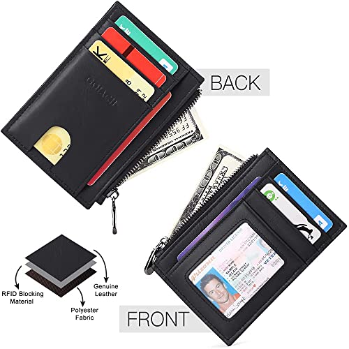 GOIACII Genuine Leather Minimalist Wallet for Men Purse Pouch Slim Front Pocket RFID Blocking ID Window 6 Credit Debit Card Holder Zipper with Gift Box (Black), 2062
