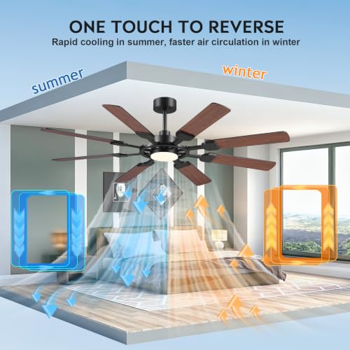Image of JSAITEE 62in Ceiling Fans with Lights and Remote, Black Low Profile Fan Light-Flush Mount with 8 Reversible Blades,6 Wind Speeds 3CCT Dimmable, Indoor Light Fixture for Bedroom