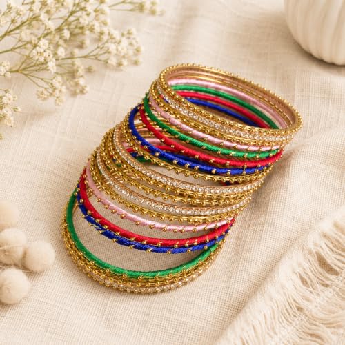 Image of NMII Non-Precious Metal with Base Metal and Zircon Gemstone Studded Ball Chain Linked Glossy Finished Silk thread Bangle set for Women and Girls