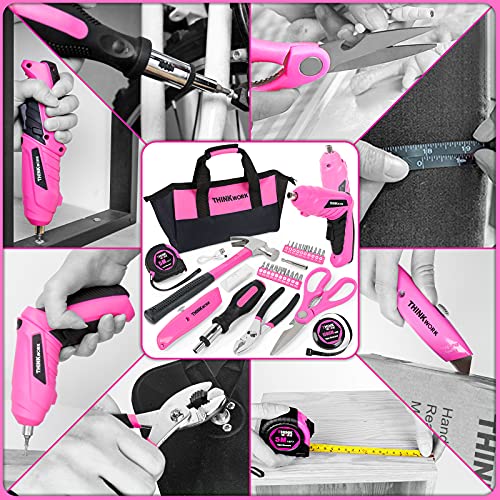 THINKWORK Conjunto de ferramentas rosa de 41 peças - Conjunto de ferramentas manuais femininas com c
