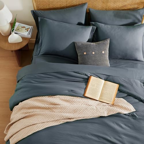 Image of Queen Comforter Set-7 Pieces Soft Prewashed Bed in a Bag Queen Bedding Sets | All Season Comforter with Sheets, Pillow Shams & Pillowcases,Blue Grey