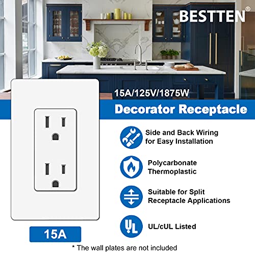 [20 Pack] Bestten 15 Amp Decorator Electrical Wall Outlet Receptacle, Non-Tamper-Resistant, 15A/125V/1875W, For Residential And Commercial Use, Ul Listed, White #TOP1