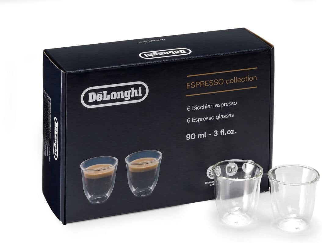 De'Longhi DLKC300 Essential Collection Double Walled Thermo Espresso Glasses, Set of 6, 60 milliliters, Dishwasher Safe, Clear, 5513296651