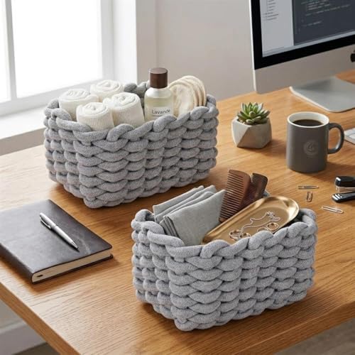 Aufbewahrungskorb aus Baumwolle,Basket,Korb Geflochten,für Toilettenpapier, Kosmetik, Spielzeug, Wohnaccessoires,19x15x12cm,Grau,2Pack