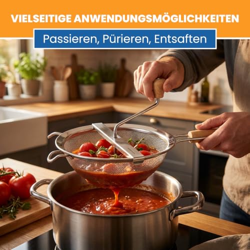 Foto von EUROHOME Passiermaschine Edelstahl mit abnehmbarem Rührwerk - Küchensieb Ø20 cm - Küchenmaschine mit feinem Sieb zum Passieren von Obst oder Gemüse - Manuelle Passiermaschine praktische Küchenhelfer