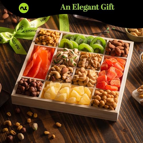 NUT CRAVINGS Gourmet Collection - Valentines Dried Fruit & Mixed Nuts Gift Basket in Reusable Wooden Tray + Ribbon (12 Assortments) Arrangement Platter, Healthy Kosher Corporate - Image 4