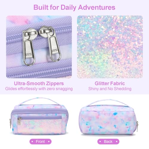 Image of Large Pencil Case for Girls, Aesthetic Pencil Pouch for School, Wide Opening Organizer Box with Handle, Fits 50 Pens & Markers (Glitter Purple Tie-Die)