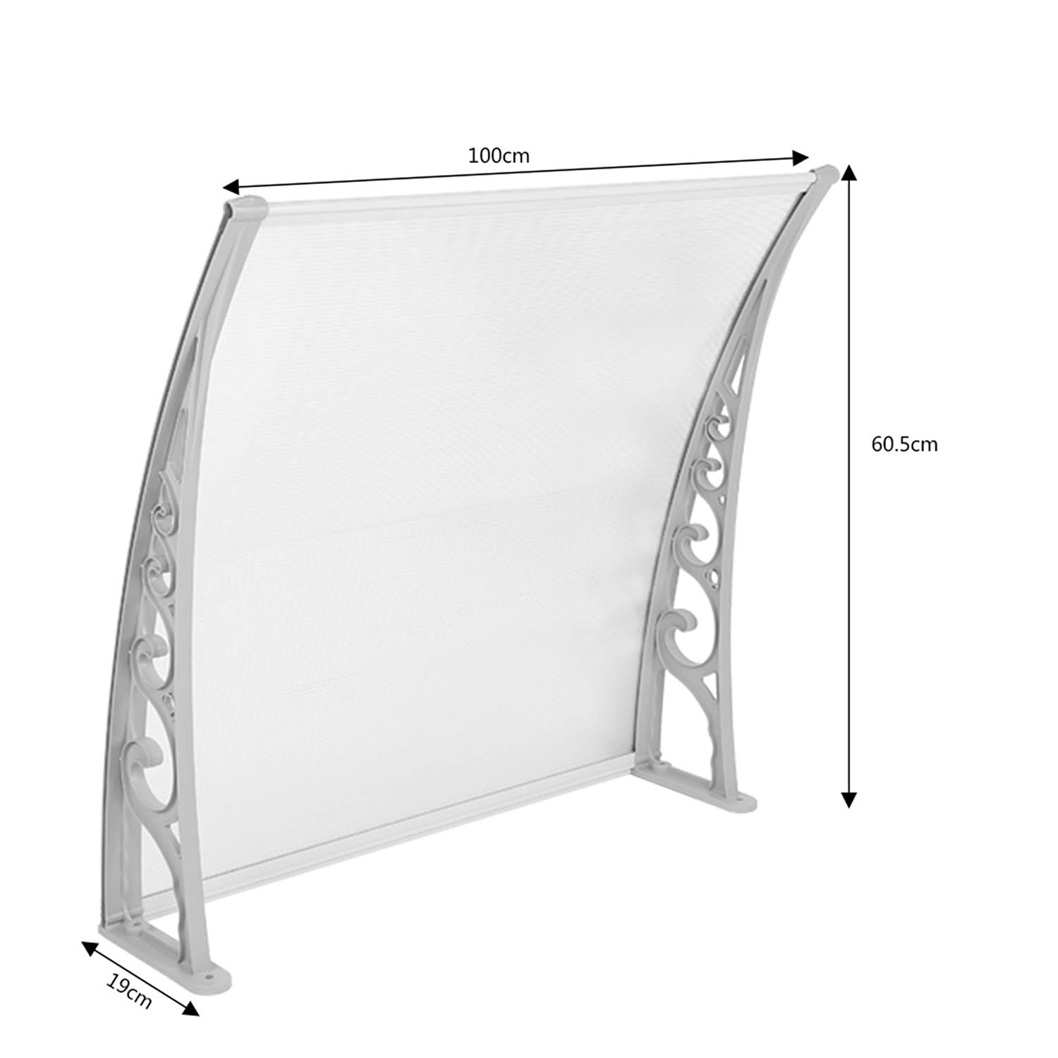 Luifel voor voordeur, raamluifel, voordeur, luifels, voor huisdeur, PP-kunststof frame en aluminium voorstang, zonwering, 60 * 100 cm (wit
