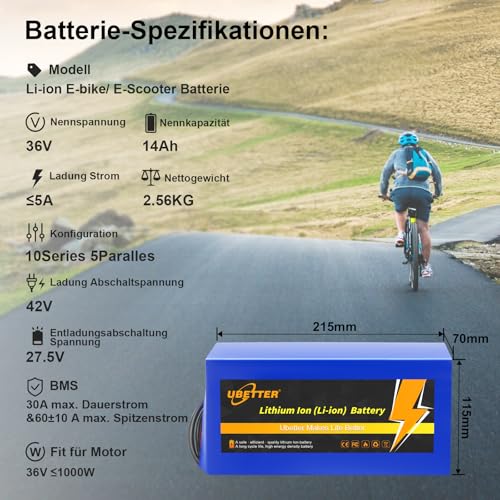 UBETTER 36V 48V Elektrofahrrad-Akku 10AH 14AH 20AH, 2A Ladegerät für 0-1000W Elektrofahrrad mit Lithium Batterie