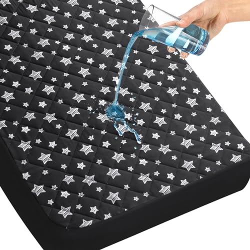 Image of Moonsea Crib Mattress Protector Waterproof, Quilted Crib Mattress Pad Cover 52'' x 28'' Extra Soft Breathable Toddler Bed Cover Fitted Crib/Toddler Mattress Stretch Up to 8"", Black Star, CMPB001