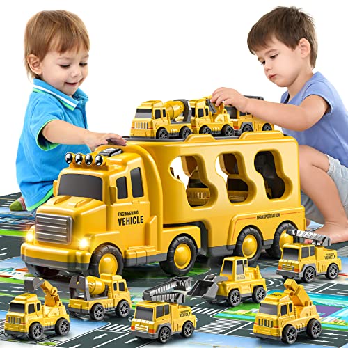 Temi Construction Truck Toys Car For 3 4 5 6 Year Old Toddlers Boys, 7-In-1 Carrier Truck Construction Vehicles Toys W/Play Mat, Car Toys Set For Kids Boys Girls Toddlers Christmas Birthday Gifts #TOP13