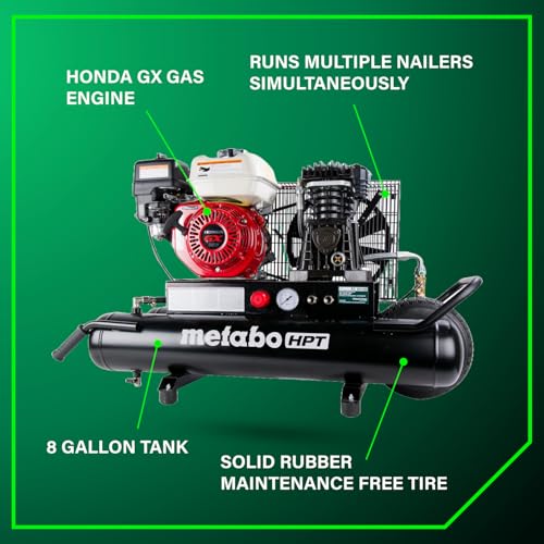 Metabo HPT Gas Powered Wheeled Air Compressor, 8 Gallon, 116 to 145 PSI, Professional Grade Honda GX Engine, Cast Iron Cylinder, Powerful Compression, Integrated Control Panel, EC2510E