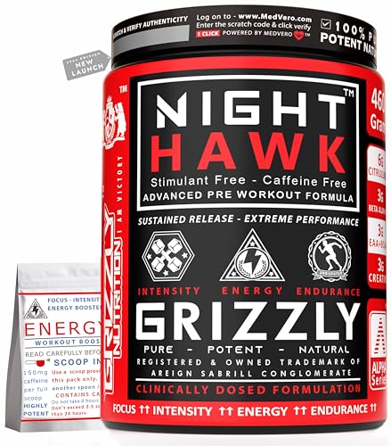 Image of Grizzly Nutrition Night Hawk No Caffeine Pre Workout Powder, Stimulant-Free Energy, Focus & Muscle Pump with L-Citrulline, Creatine, 460g Pack, Kiwi Crush, with 30g Energy Caffeine Pack