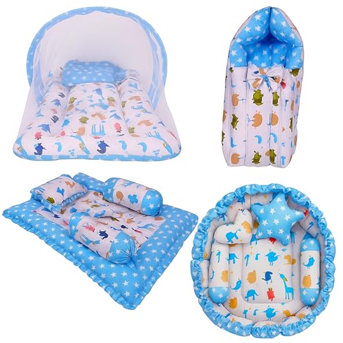 Image of Kwitchy Baby Bedding Set New Born Baby Bed | Mattress | Mosquito Net | Gadda Set | Bed | Cotton | Essential Combos | Gift Pack | Boys & Girls (0-6 Months) Blue (4PCS Set)