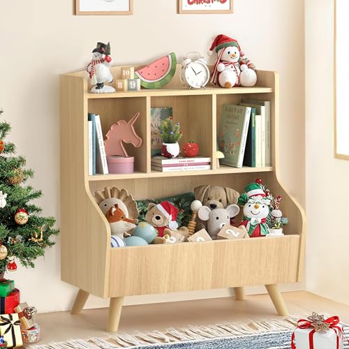 Image of Curipeer Kids Bookshelf and Toy Storage, 3-Tier Wooden Bookcase, Baby Book and Toy Storage Display Organizer with Spacious Top Shelf for Children, Friends, Family, Natural Wood Color