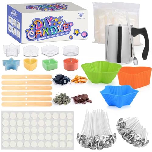 Vorlestour Kerzen Selber Machen Set Teelicht Kerzen Gießen Set Zubehör Enthalten 400g Wachs 8 Teelichthalter 4 Farbstoffen 100 Kerzendochte Candle Making Kit für Erwachsene und Kinder