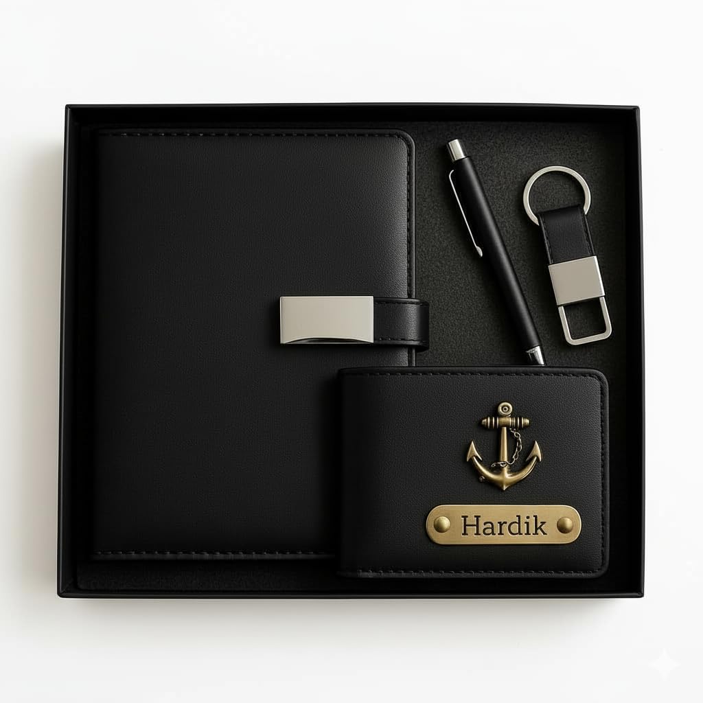 Personalized Gift Set for Men | Premium Diary, Wallet, Pen & Keychain Combo | Customized Name Engraved Corporate & Birthday Gift Hamper (Black)