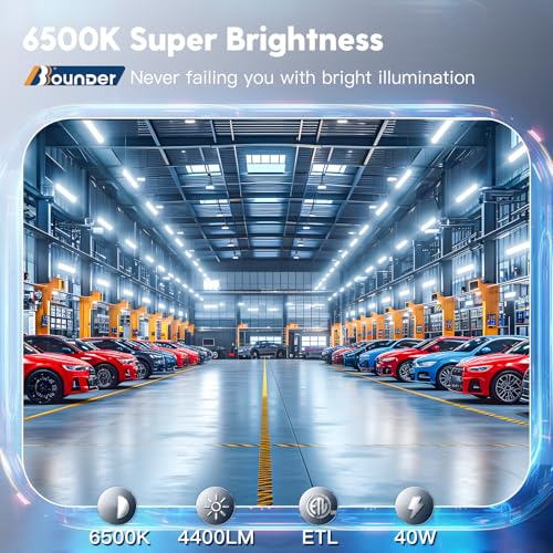 Image of Bbounder 4 Pack Linkable LED Shop Light with Reflector, Super Bright 6500K Cool Daylight, 4400 LM, 4FT Integrated Fixture for Garage, 40W Equivalent 250W, Surface & Suspension Mount, Black, ETL Listed