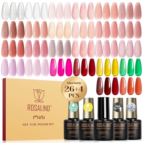 ROSALIND Esmaltes Semipermanentes Para Uñas, 30 Piezas Jelly Blanco Rosa Nude Marrón Rojo Amarillo Verde Colores Transparente Esmaltes Semipermanente, Mini UV/LED Pintauñas Semipermanentes Regalo