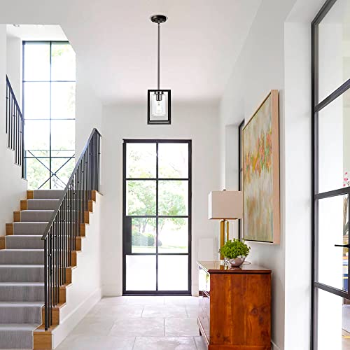 Image of Single 1 Light Black and Brushed Nickel Modern Glass Pendant Light Industrial Modern Metal Chandelier with Clear Glass Shade for Dining Room Kitchen Island Foyer Cafe