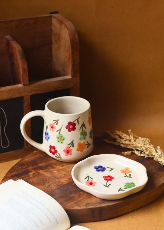 Image of WEAVING HOMES Handcrafted Ceramic Floral Blossom Mug & Dessert Plate (Set of 2, Multicolor) - Coffee Mugs and Dessert Plates for Birthday Gifts, Mugs for Office and Travel