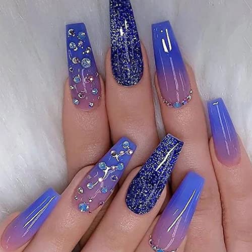 24 Pcs French Blue Press on Nails Long Coffin Fake Nails Dreamy Galaxy Glitter False Nails with Light Blue Point Drill Gorgeous Designs Full Cover Acrylic Nails for Women Girls (Galaxy)