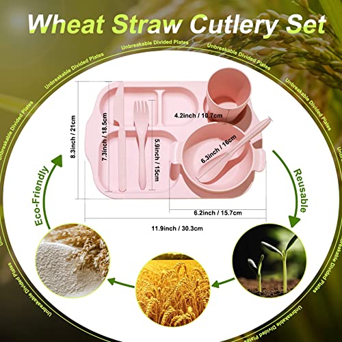 24 Pcs Wheat Straw Dinnerware Set Cutlery Set Including Unbreakable Divided Plates Microwave Dishwasher Safe Bowl Unbreakable Tableware Straw Cutlery Spoon Knife Fork Cup (Beige/Pink/Green/Blue) #TOP1