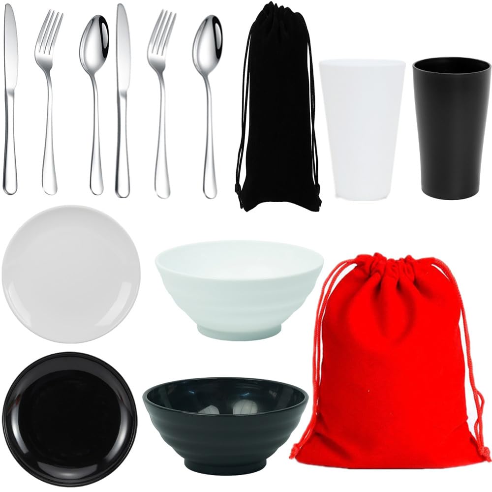 Camping Utensils, Camping Plates and Bowls Set, Camping Cooking Utensils Set, Lightweight BBQ Serving Plates, Cutlery Set