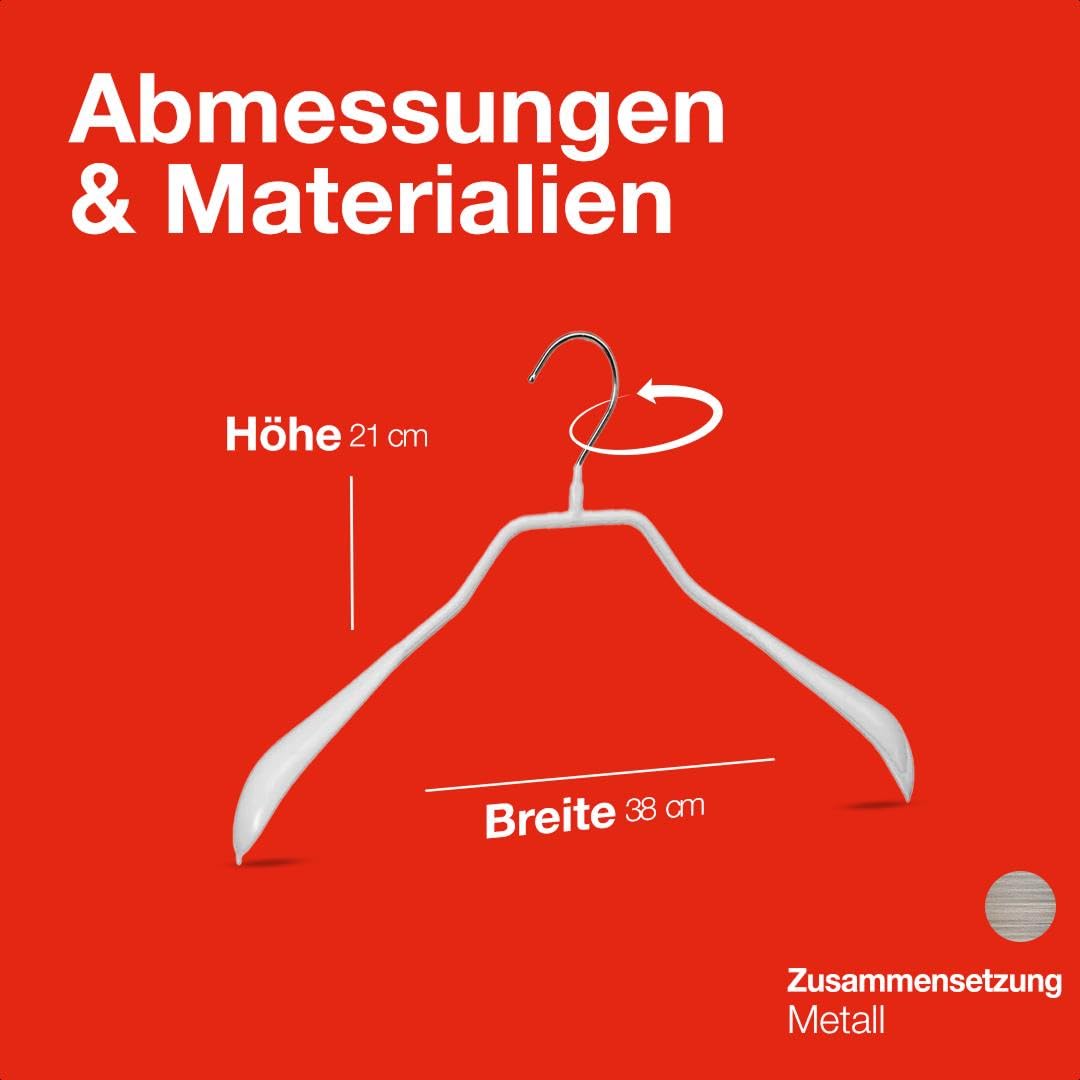 MAWA Kleiderbügel, Set mit 10 körpergeformten Metallkleiderbügeln, ideal für Mäntel, Jacken, Blazer und Anzüge, 360° drehbarer Haken, Antirutschbeschichtung, 38 cm, Weiß