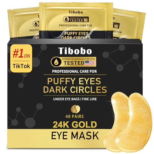 Tibobo Under Eye Patches (48 Pairs) - 24K Gold Eye Masks Enriched with Abundant Collagen | Diminish Dark Circles and Puffiness | Anti-Aging, Smooth Fine Line, Nourish Skin - Gifts for Women Skin Care