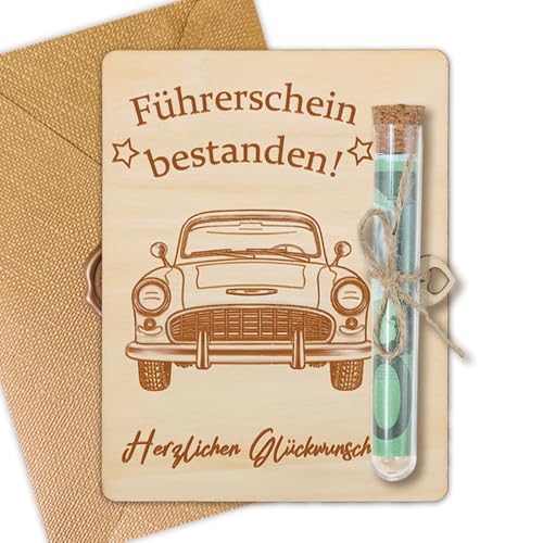GROVBLE Führerschein Bestanden Geschenk, Bestandene Fahrprüfung Geschenk,Holz Geldgeschenk Verpackung mit Umschlägen und Reagenzglas,für Damen Herren Mädchen Jungen