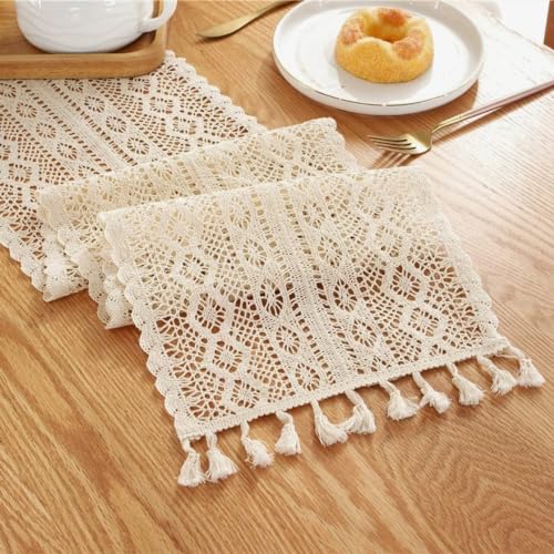 Gemseek 60 Inch Boho Cotton Crochet Table Runner, Vintage Beige Bohemian Lace Macrame Table Runner for Kitchen Coffee Dining Table Rustic Farmhouse Living Room Bedroom Dresser Decor by Gemseek - Used condition - Image 4