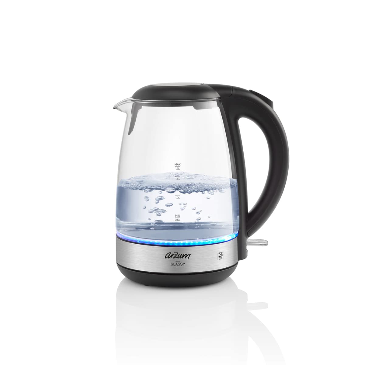 Arzum 1.7 Liter Glassy Tea Kettle & Hot Water Kettle Electric With Blue LED Indicator,Automatic Shut Off, Boil Dry Protection,360° Rotating Base, 2200 Watts,Light Model - 1 Years Full Warranty.